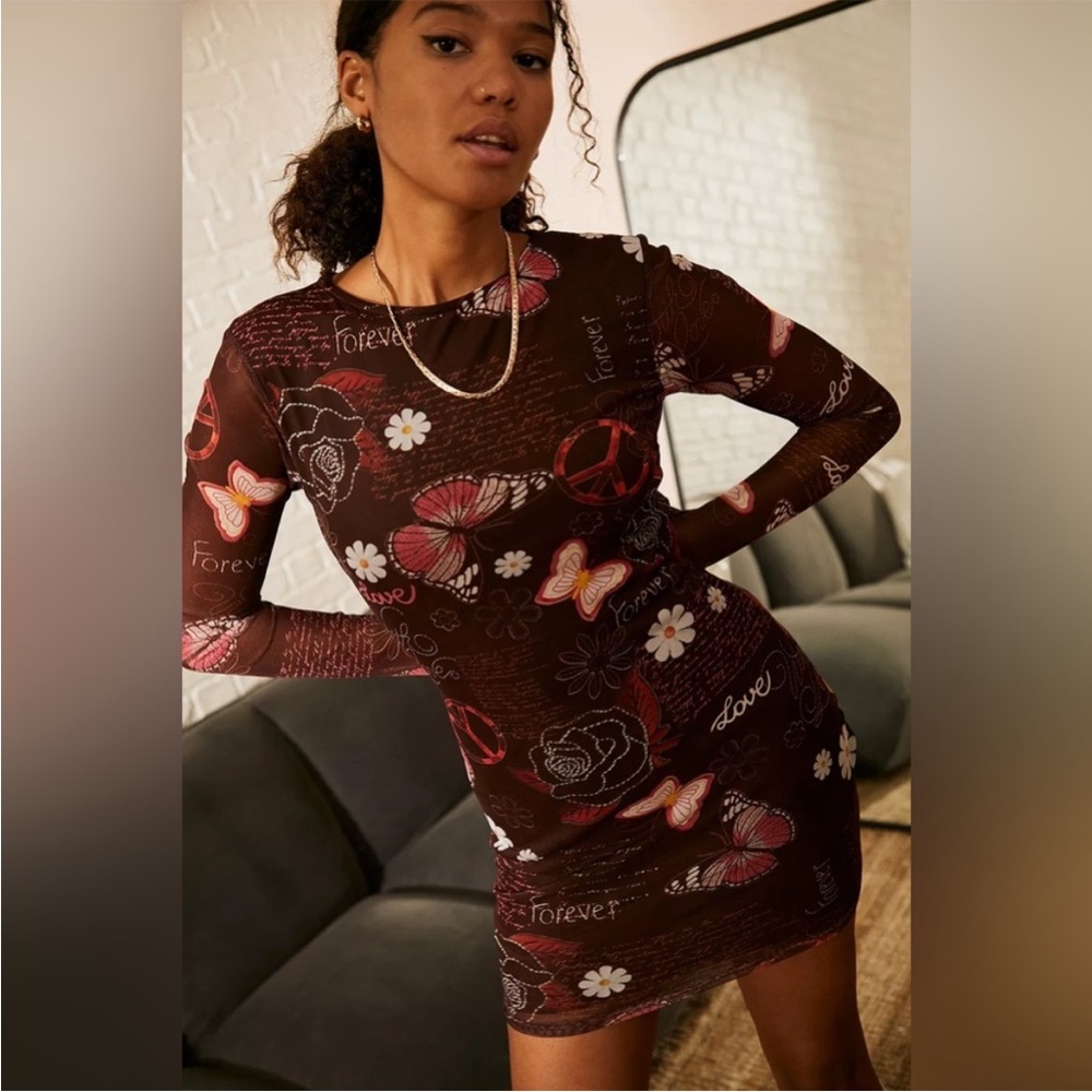 Urban Outfitters Long Sleeve Austin Doodle Print Mesh Dress Mini Slip Y2K XL